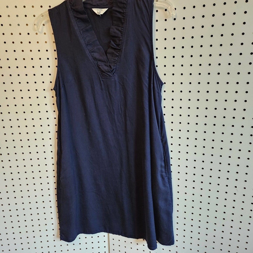 Crown & Ivy Navy Blue Cotton Ruffled Neck Sleeveless V-neck Dress Med Petite MP